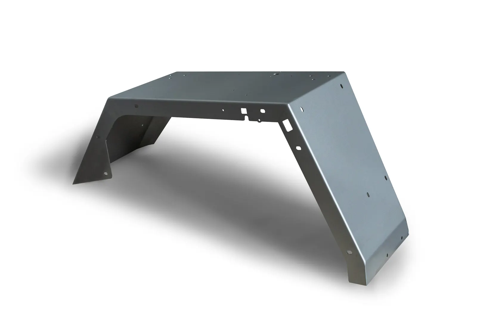 A folded, powder-coated sheet-steel hood — clean edge, even finish
