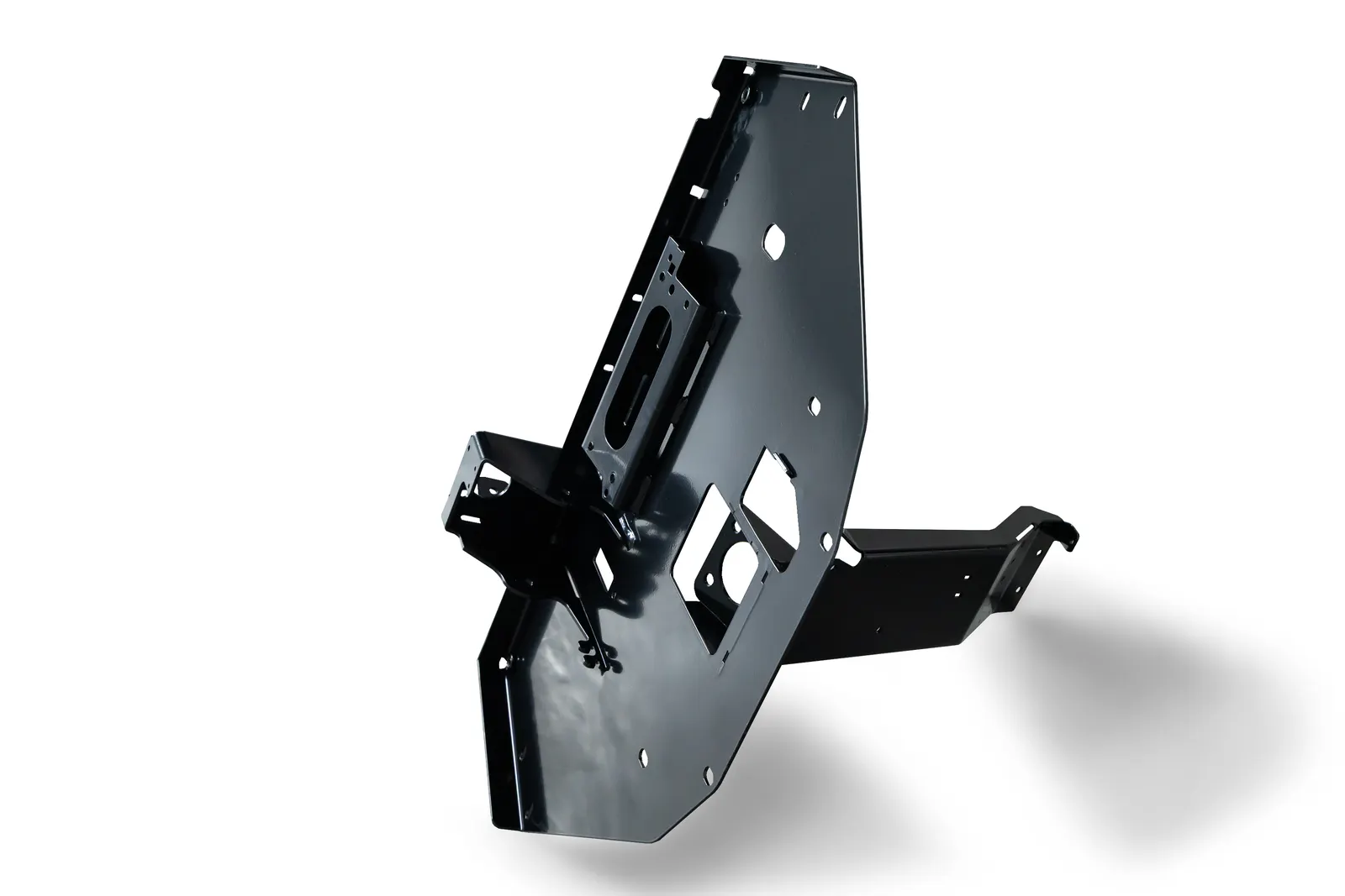 A black powder-coated welded frame with precise cut-outs for bought-in hardware