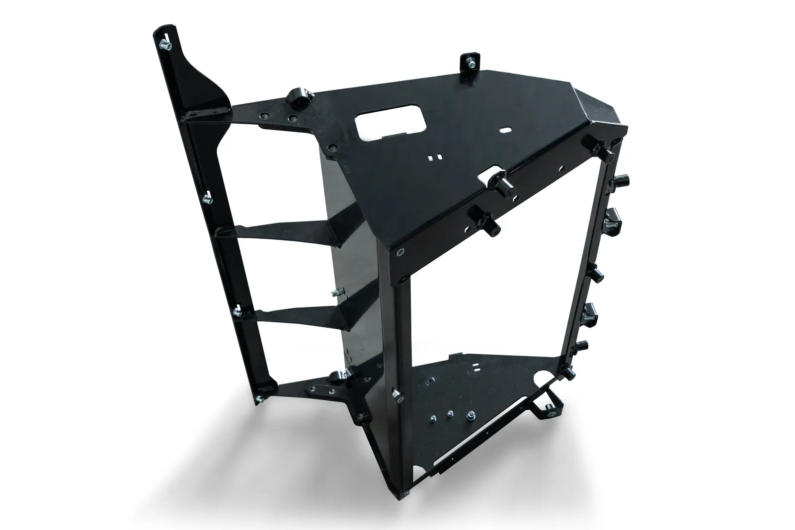 A black powder-coated welded frame with cut-outs for bought-in hardware